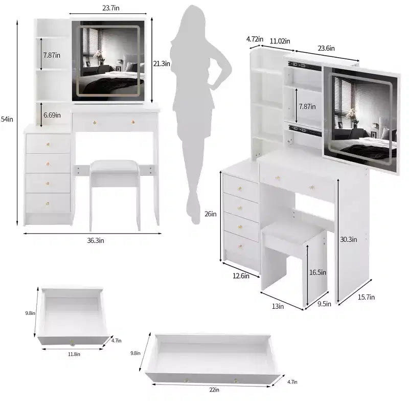 Tocador de 37" con taburete acolchado y espejo deslizante grande, tocador de maquillaje con gran capacidad de almacenamiento, mesa de tocador para el hogar, blanco