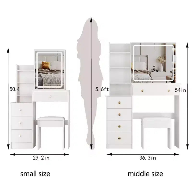 Tocador de 37" con taburete acolchado y espejo deslizante grande, tocador de maquillaje con gran capacidad de almacenamiento, mesa de tocador para el hogar, blanco
