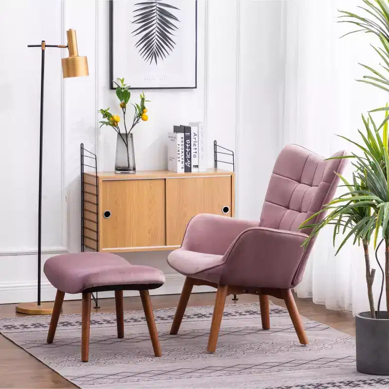 Sillón moderno y otomana con terciopelo capitoné y sillón con patas de madera maciza, sillón de lectura para sala de estar, dormitorio