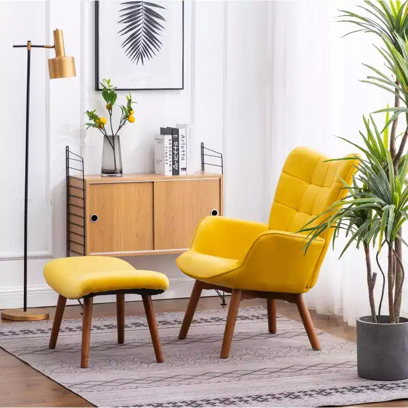 Sillón moderno y otomana con terciopelo capitoné y sillón con patas de madera maciza, sillón de lectura para sala de estar, dormitorio