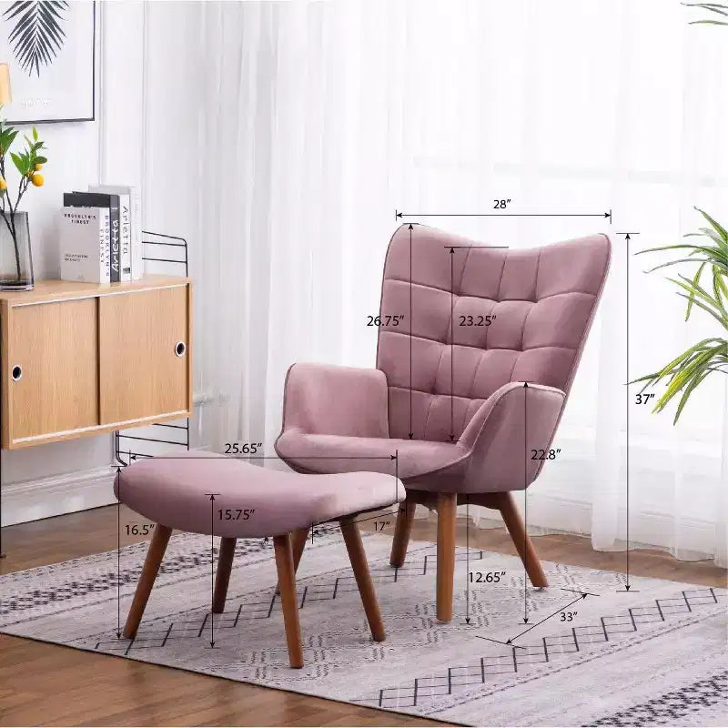 Sillón moderno y otomana con terciopelo capitoné y sillón con patas de madera maciza, sillón de lectura para sala de estar, dormitorio