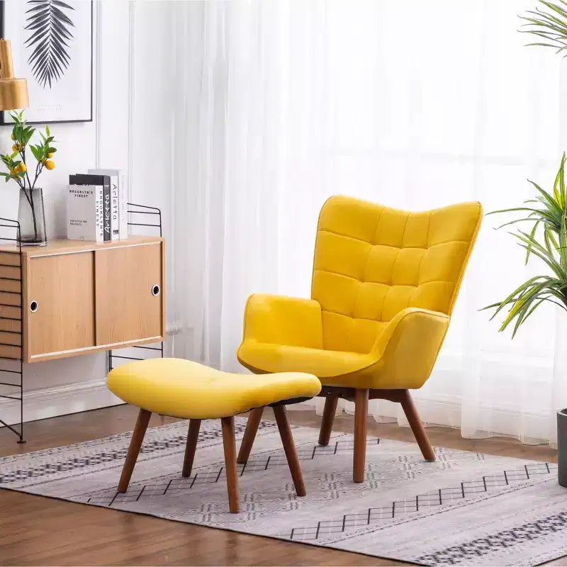 Sillón moderno y otomana con terciopelo capitoné y sillón con patas de madera maciza, sillón de lectura para sala de estar, dormitorio