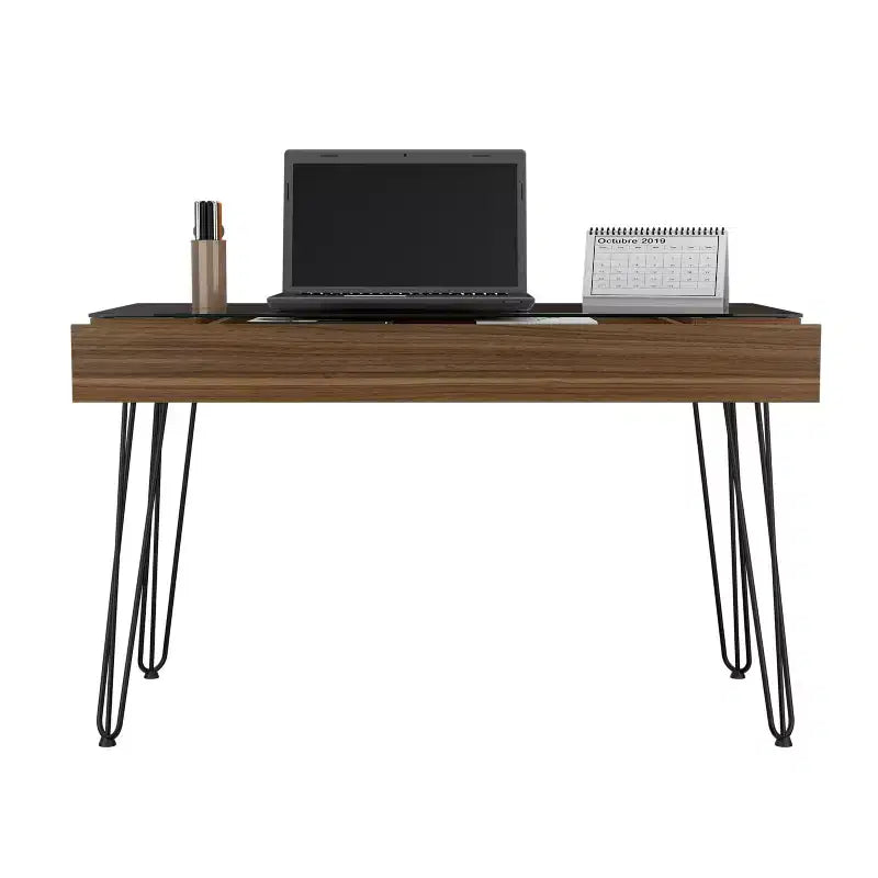 Escritorio de estudio, escritorio industrial para computadora con un cajón espacioso, patas de horquilla, cubierta de vidrio transparente, escritorio moderno para oficina en casa, estudio, dormitorio