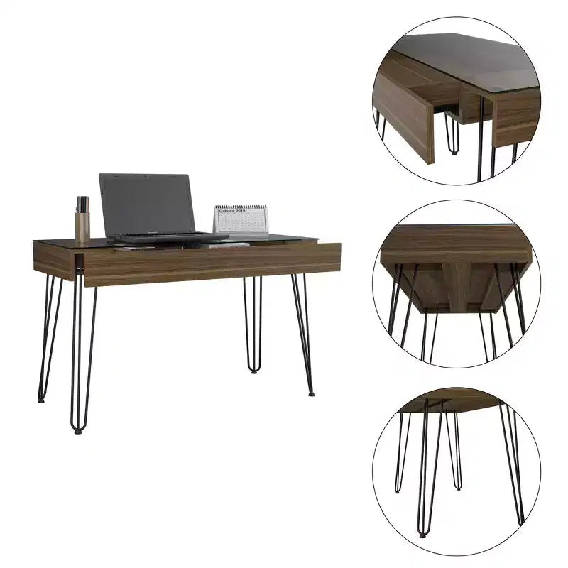 Escritorio de estudio, escritorio industrial para computadora con un cajón espacioso, patas de horquilla, cubierta de vidrio transparente, escritorio moderno para oficina en casa, estudio, dormitorio