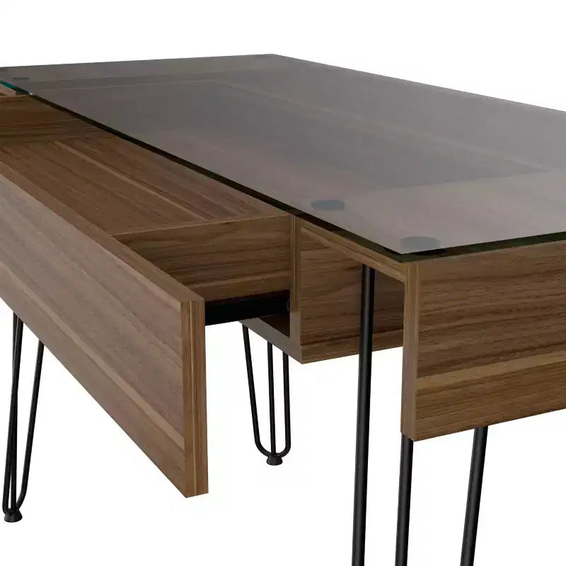 Escritorio de estudio, escritorio industrial para computadora con un cajón espacioso, patas de horquilla, cubierta de vidrio transparente, escritorio moderno para oficina en casa, estudio, dormitorio