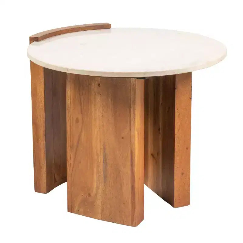 Storied Home Round Marble and Mango Wood Semi-Enclosed Side Table in Natural Finish