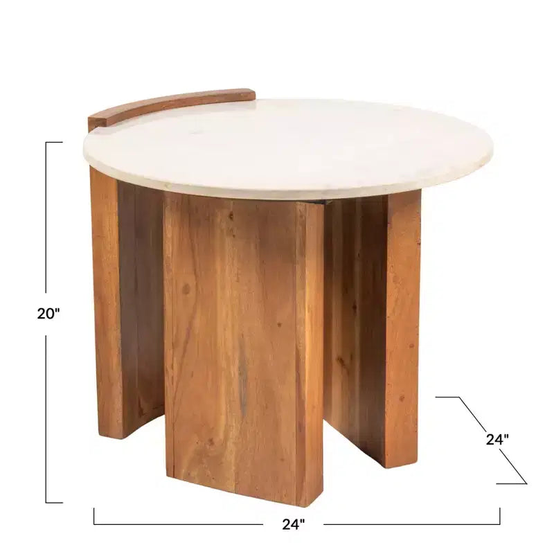 Mesa Auxiliar Semicerrada de Mármol Redondo y Madera de Mango con Acabado Natural