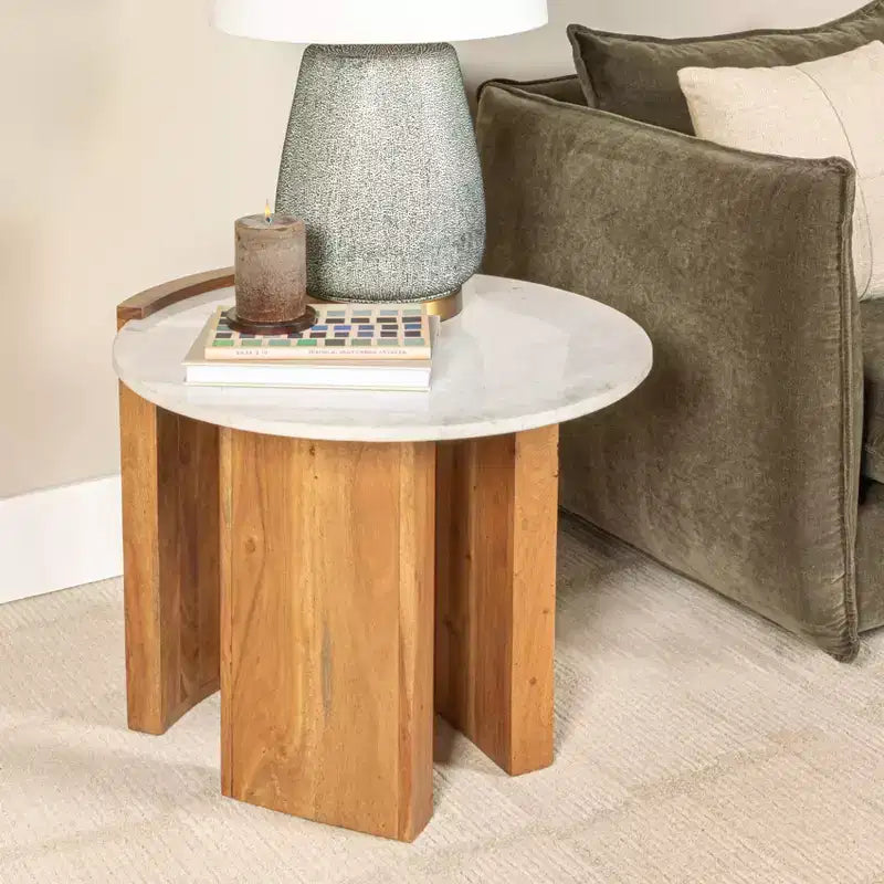 Mesa Auxiliar Semicerrada de Mármol Redondo y Madera de Mango con Acabado Natural