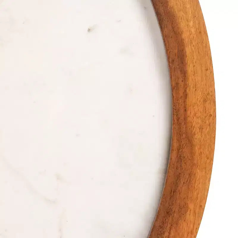 Mesa Auxiliar Semicerrada de Mármol Redondo y Madera de Mango con Acabado Natural