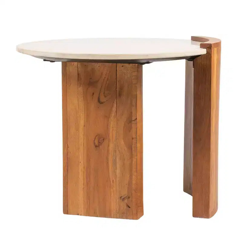Mesa Auxiliar Semicerrada de Mármol Redondo y Madera de Mango con Acabado Natural