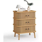Modern 3-Drawer Storage Cabinet with Sliding Door, Natural Wicker & Wooden Legs Dresser, Bedside Table for Bedroom, Hallway, or Living Room