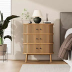 Cómoda moderna de 3 cajones con puerta corredera, mimbre natural y patas de madera, mesita de noche para dormitorio, pasillo o sala de estar