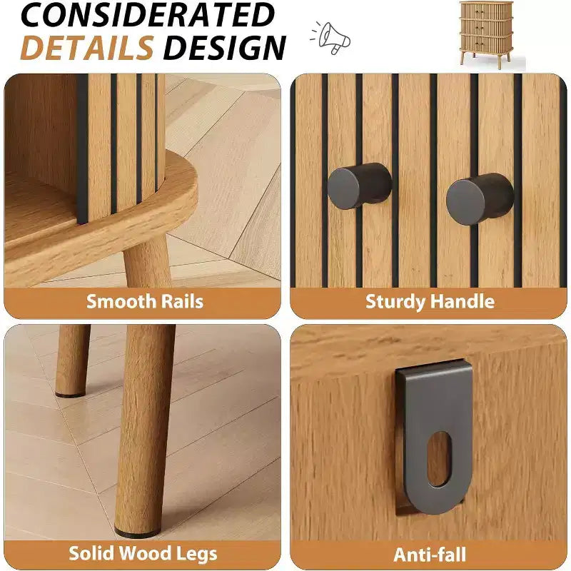Cómoda moderna de 3 cajones con puerta corredera, mimbre natural y patas de madera, mesita de noche para dormitorio, pasillo o sala de estar