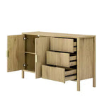 Aparador moderno en forma de U con ondas, 3 cajones, ganchos y gabinete de almacenamiento con pata central, adecuado para salas de estar, acabado natural