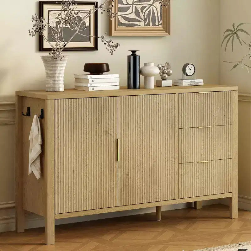 Aparador moderno en forma de U con ondas, 3 cajones, ganchos y gabinete de almacenamiento con pata central, adecuado para salas de estar, acabado natural