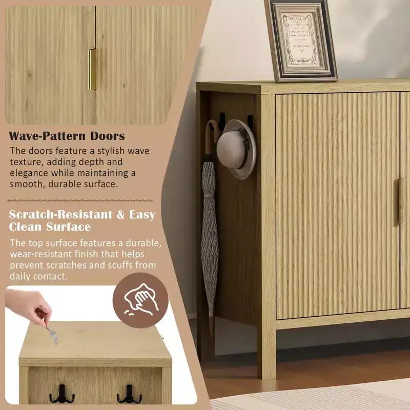 Aparador moderno en forma de U con ondas, 3 cajones, ganchos y gabinete de almacenamiento con pata central, adecuado para salas de estar, acabado natural