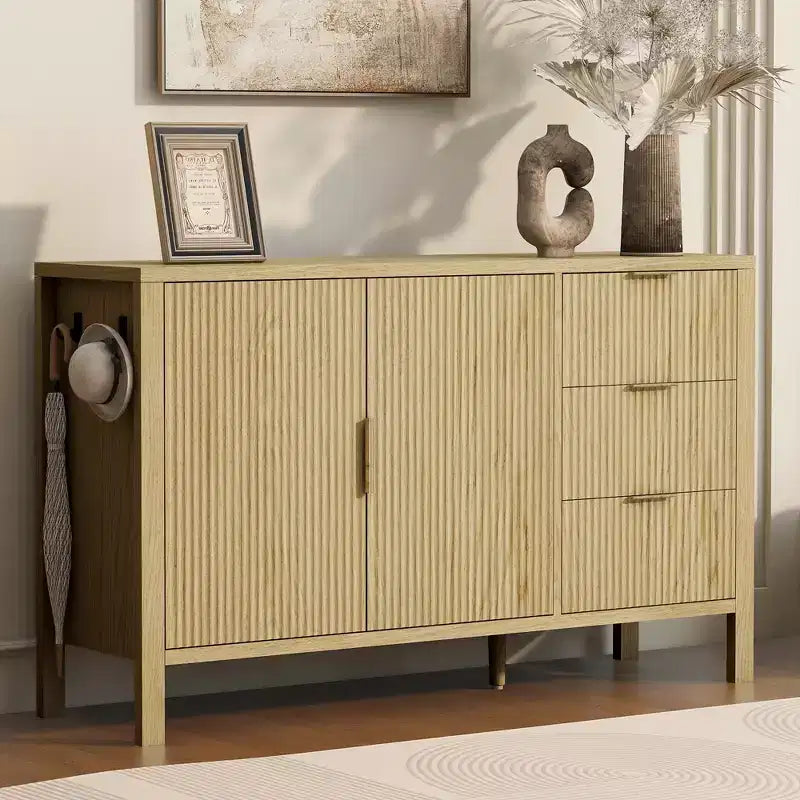 Aparador moderno en forma de U con ondas, 3 cajones, ganchos y gabinete de almacenamiento con pata central, adecuado para salas de estar, acabado natural