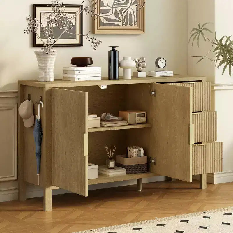 Aparador moderno en forma de U con ondas, 3 cajones, ganchos y gabinete de almacenamiento con pata central, adecuado para salas de estar, acabado natural