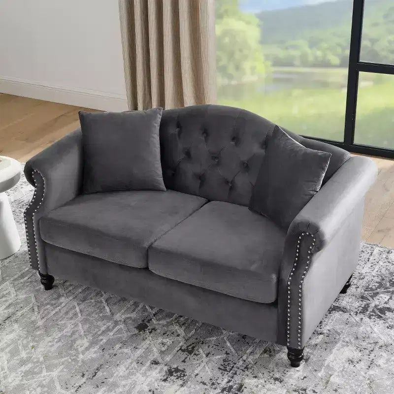 Sofá biplaza Chesterfield de terciopelo de 57", sofá de 2 plazas con reposabrazos enrollados, tapizado con tachuelas para sala de estar pequeña, dormitorio, apartamento