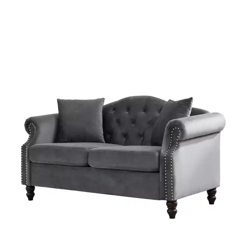 Sofá biplaza Chesterfield de terciopelo de 57", sofá de 2 plazas con reposabrazos enrollados, tapizado con tachuelas para sala de estar pequeña, dormitorio, apartamento