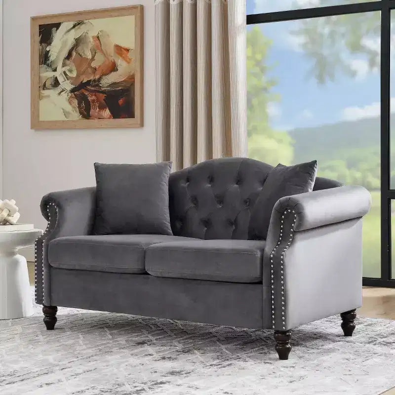 Sofá biplaza Chesterfield de terciopelo de 57", sofá de 2 plazas con reposabrazos enrollados, tapizado con tachuelas para sala de estar pequeña, dormitorio, apartamento
