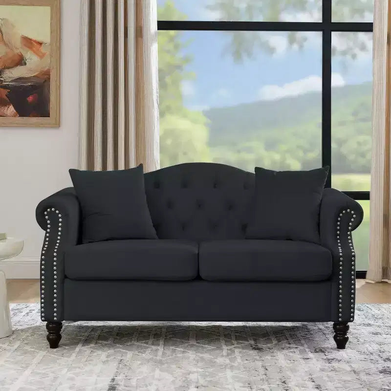 57 Chesterfield Velvet Loveseat Sofa, 2 Seater Couch with Rolled Arms, Nailhead Trim for Small Living Room, Bedroom, Apartment-Panipeachy