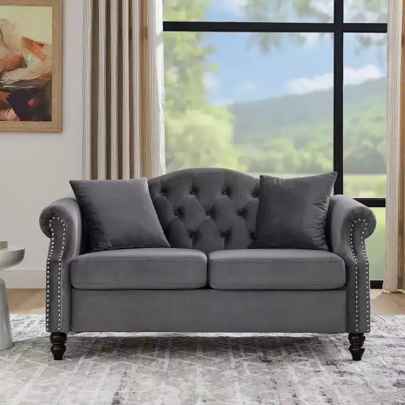 Sofá biplaza Chesterfield de terciopelo de 57", sofá de 2 plazas con reposabrazos enrollados, tapizado con tachuelas para sala de estar pequeña, dormitorio, apartamento