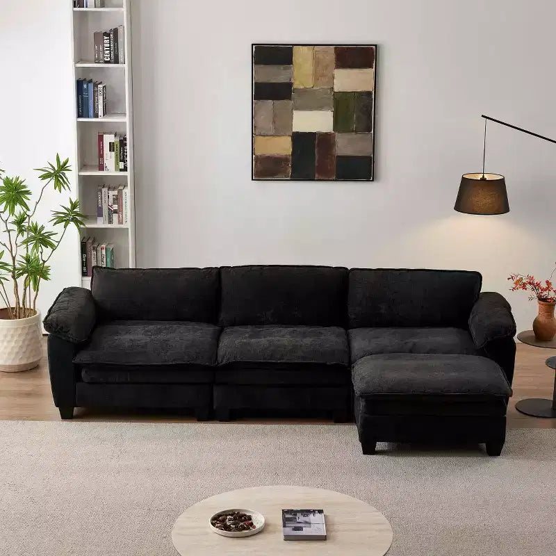 MAYEERTY Luxury Sofa with Ottomans Couch Chenille Upgolstered L Shape Sofa for Living Room Black