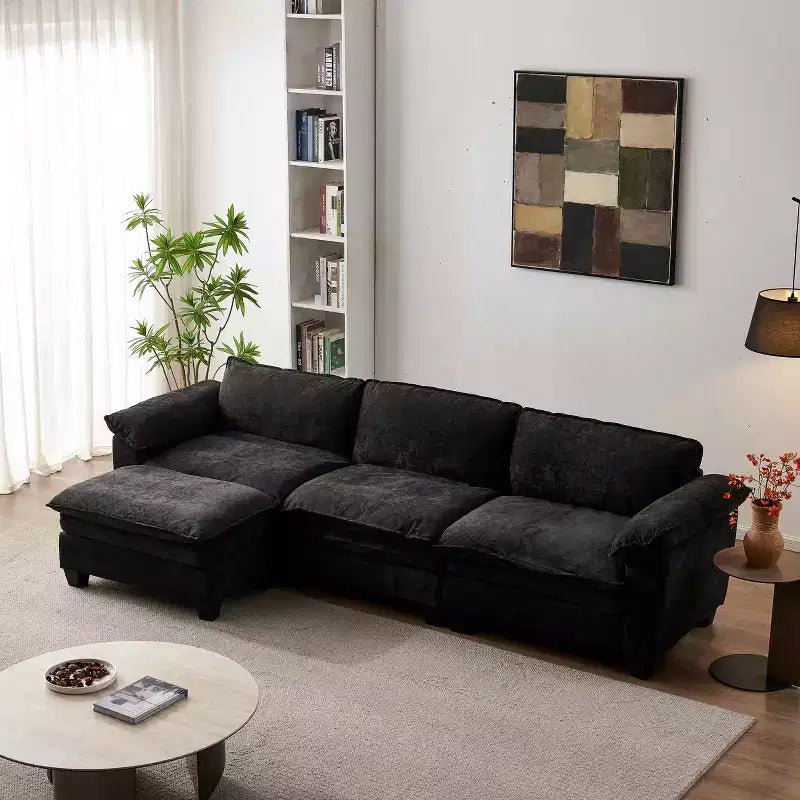 Sofá de lujo con otomanas, sofá seccional en forma de L tapizado en chenilla para sala de estar, negro