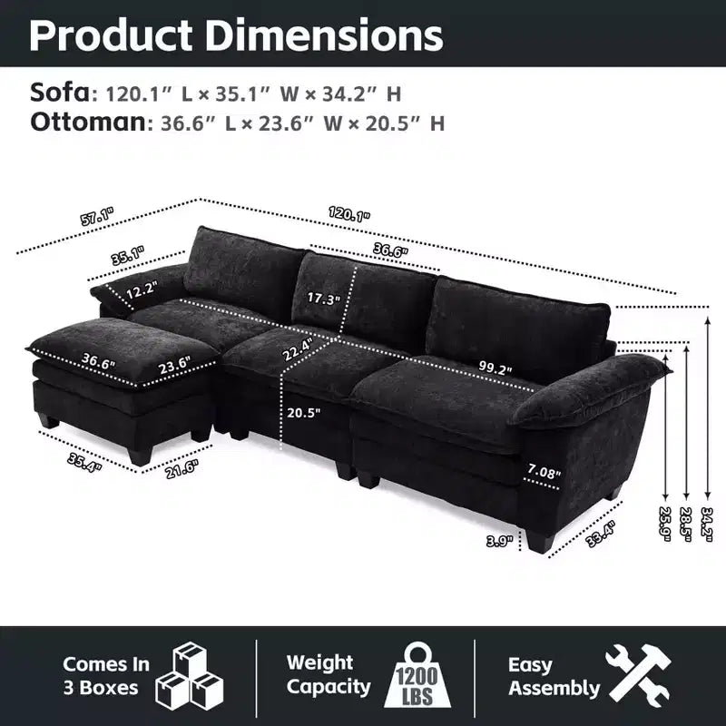 Sofá de lujo con otomanas, sofá seccional en forma de L tapizado en chenilla para sala de estar, negro