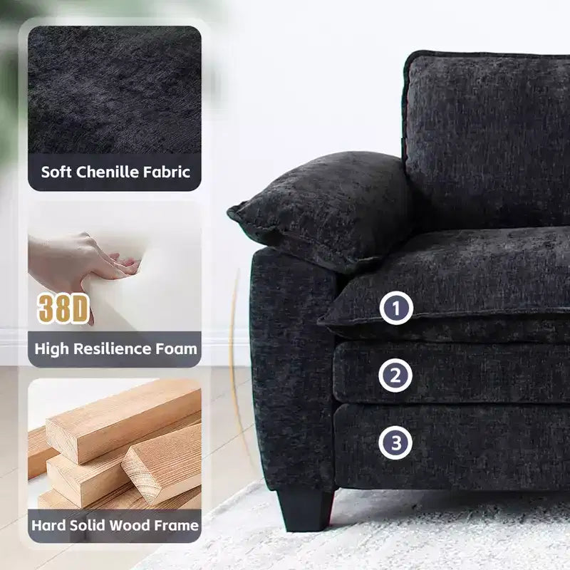 Sofá de lujo con otomanas, sofá seccional en forma de L tapizado en chenilla para sala de estar, negro