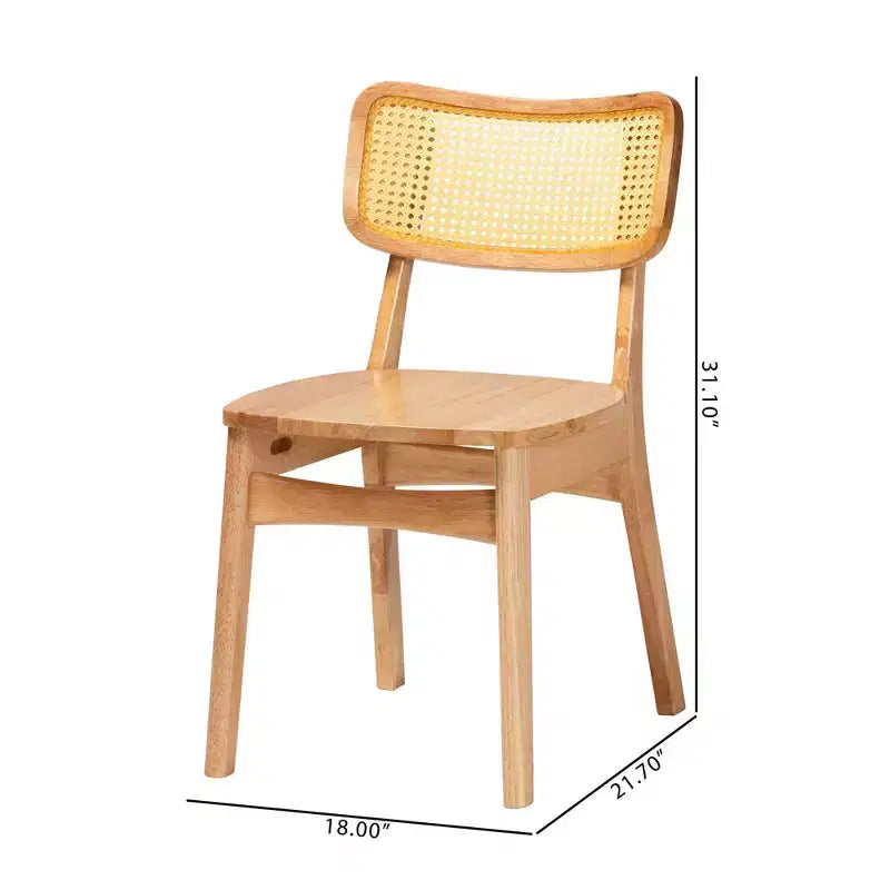 Silla de comedor Tadeo de madera y ratán de 2 piezas, roble marrón/marrón claro: Estructura de madera de caucho, limpiar las manchas