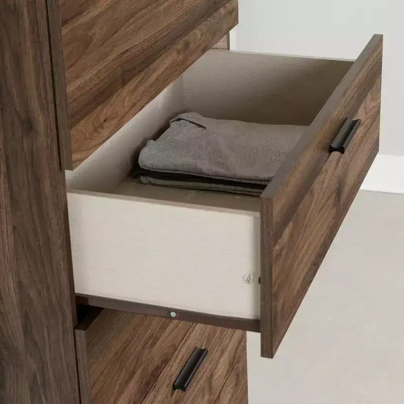 Cómoda Musano de 5 Cajones Nogal Natural: Almacenamiento para Dormitorio, Diseño Vertical, Superficie Laminada