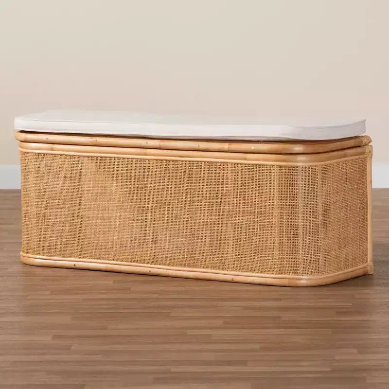Banco de almacenamiento de ratán natural Natural/Blanco: Tapizado en poliéster, estructura de madera contrachapada, no requiere montaje