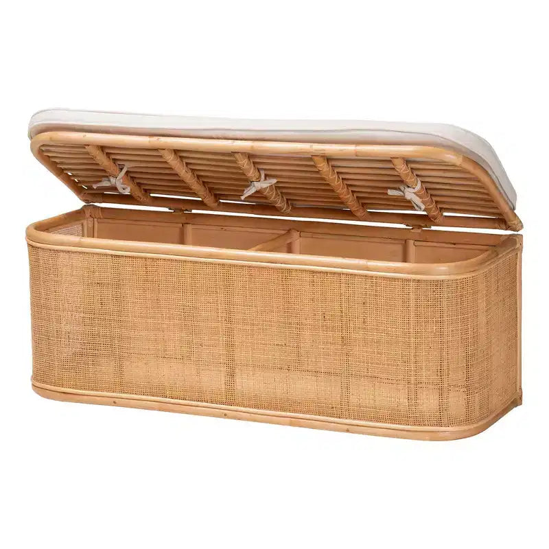 Banco de almacenamiento de ratán natural Natural/Blanco: Tapizado en poliéster, estructura de madera contrachapada, no requiere montaje