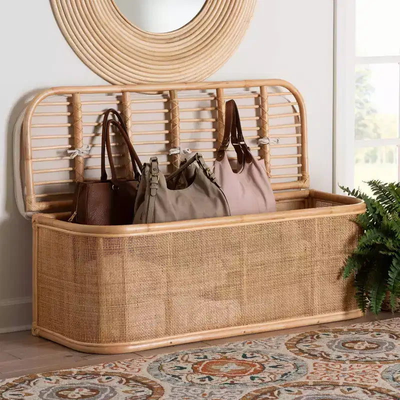 Banco de almacenamiento de ratán natural Natural/Blanco: Tapizado en poliéster, estructura de madera contrachapada, no requiere montaje