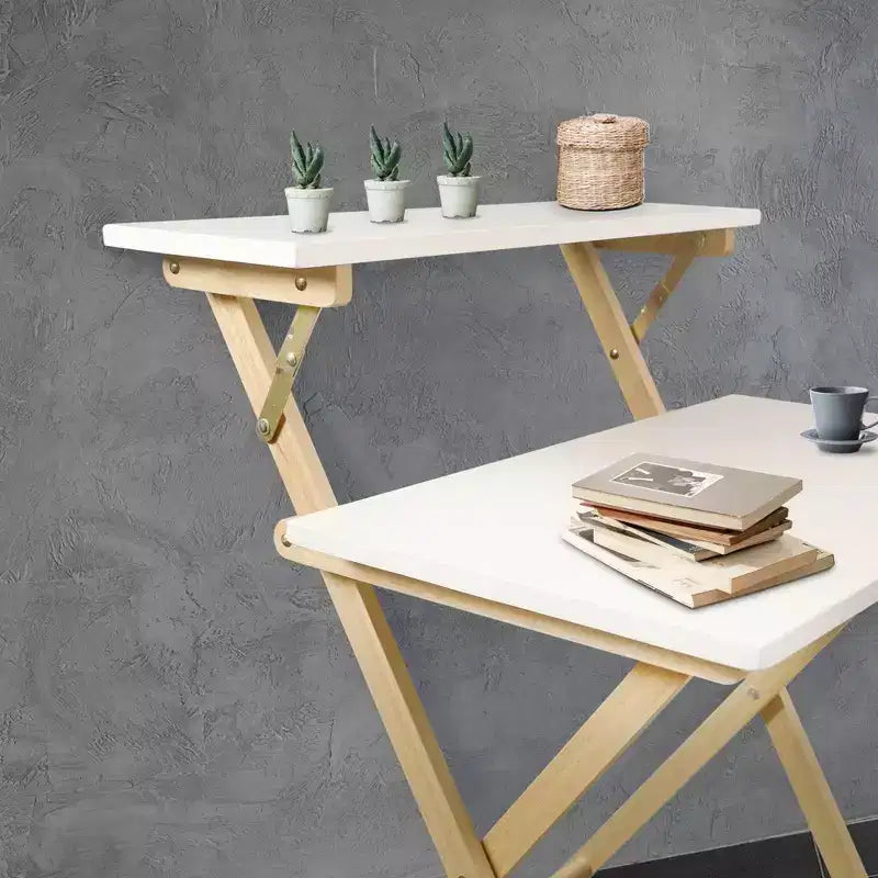 Escritorio Plegable para Laptop de Madera Sólida de 2 Niveles Blanco/Natural