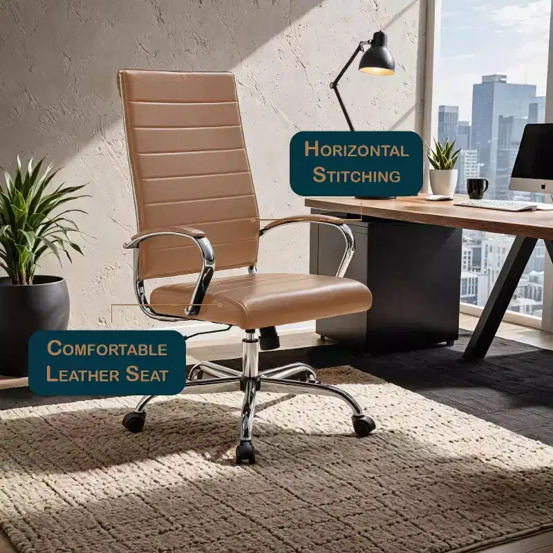Silla de oficina de piel de respaldo alto acanalado Benmar - Silla ejecutiva moderna giratoria e inclinable para escritorio - Base cromada