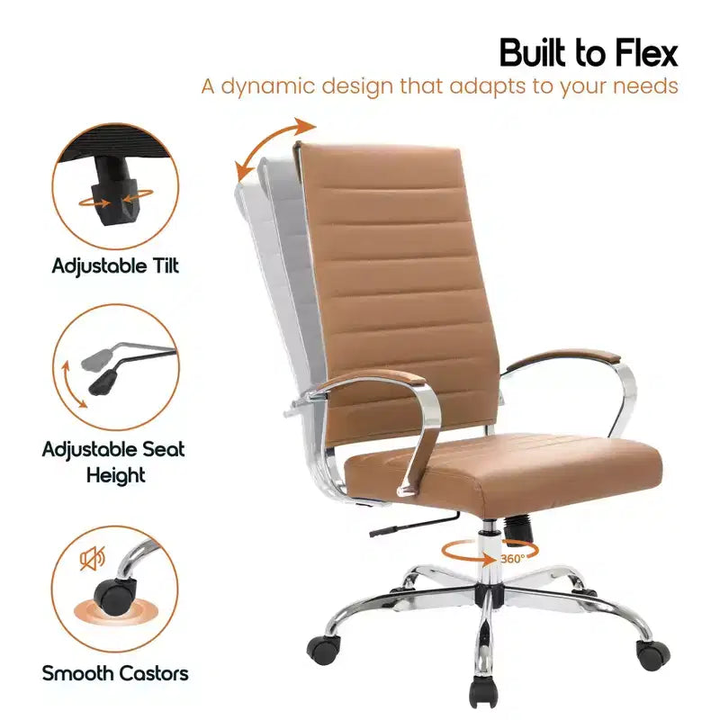 Silla de oficina de piel de respaldo alto acanalado Benmar - Silla ejecutiva moderna giratoria e inclinable para escritorio - Base cromada