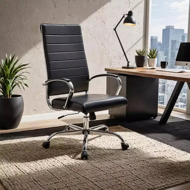 Silla de oficina de piel de respaldo alto acanalado Benmar - Silla ejecutiva moderna giratoria e inclinable para escritorio - Base cromada