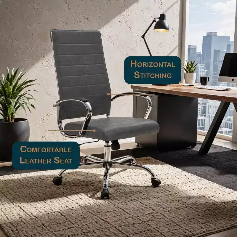 Silla de oficina de piel de respaldo alto acanalado Benmar - Silla ejecutiva moderna giratoria e inclinable para escritorio - Base cromada
