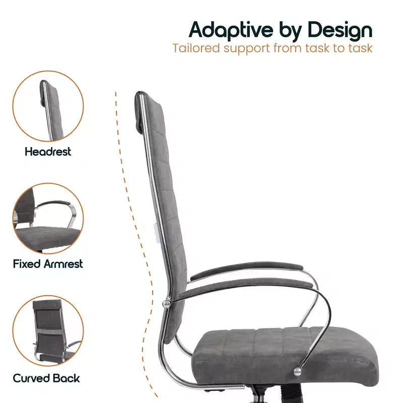 Silla de oficina de piel de respaldo alto acanalado Benmar - Silla ejecutiva moderna giratoria e inclinable para escritorio - Base cromada