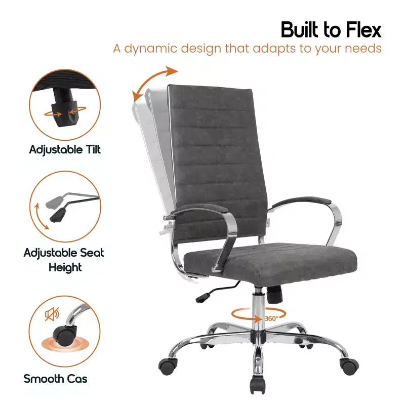 Silla de oficina de piel de respaldo alto acanalado Benmar - Silla ejecutiva moderna giratoria e inclinable para escritorio - Base cromada