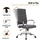 Silla de oficina de piel de respaldo alto acanalado Benmar - Silla ejecutiva moderna giratoria e inclinable para escritorio - Base cromada