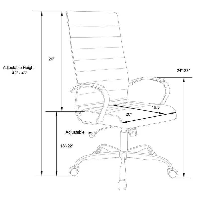 Silla de oficina de piel de respaldo alto acanalado Benmar - Silla ejecutiva moderna giratoria e inclinable para escritorio - Base cromada
