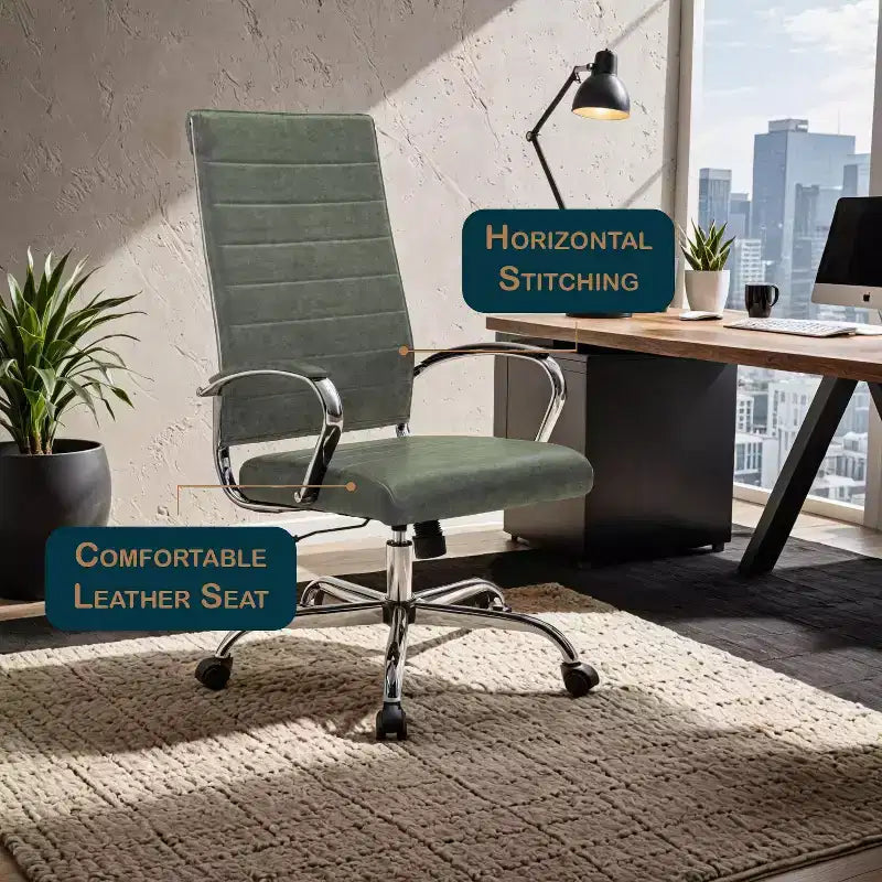 Silla de oficina de piel de respaldo alto acanalado Benmar - Silla ejecutiva moderna giratoria e inclinable para escritorio - Base cromada