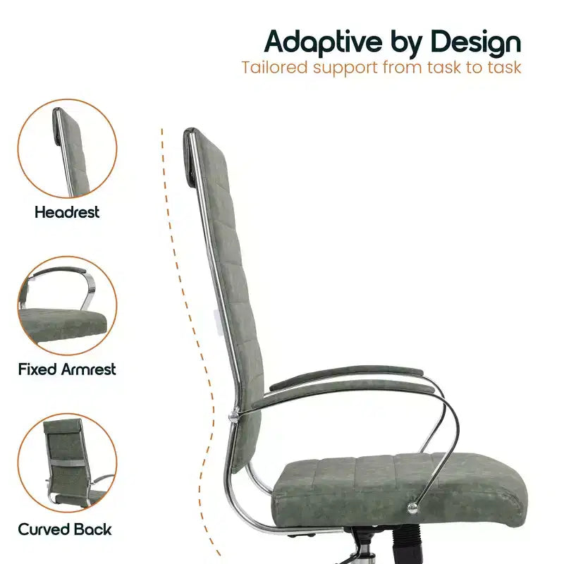 Silla de oficina de piel de respaldo alto acanalado Benmar - Silla ejecutiva moderna giratoria e inclinable para escritorio - Base cromada