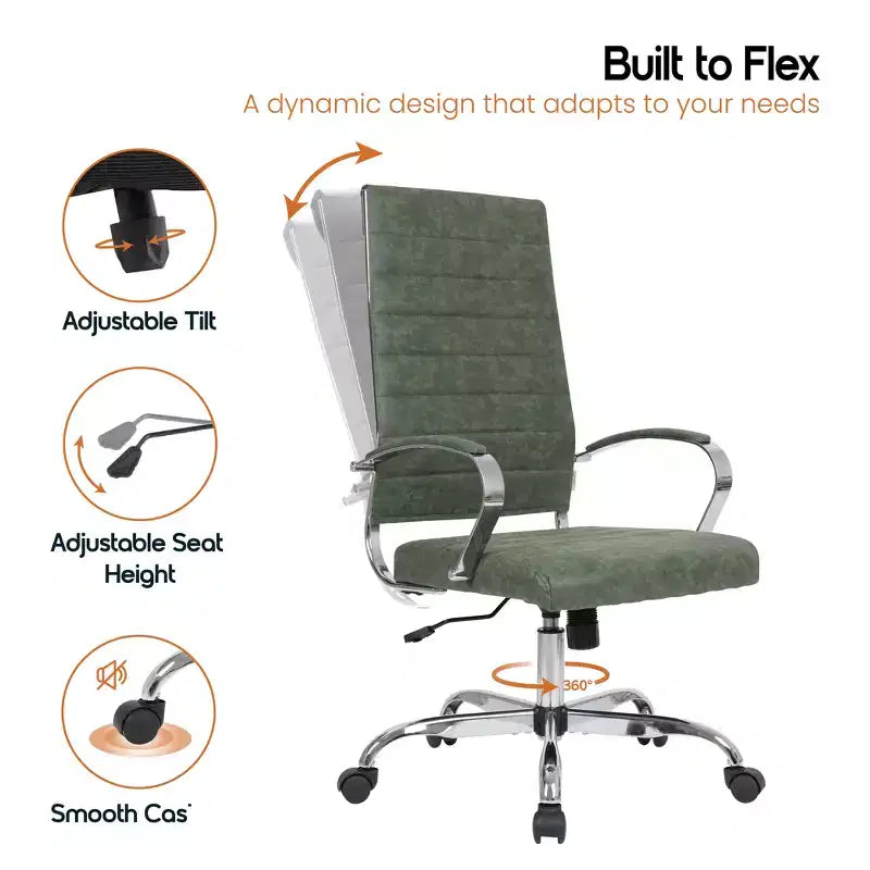 Silla de oficina de piel de respaldo alto acanalado Benmar - Silla ejecutiva moderna giratoria e inclinable para escritorio - Base cromada
