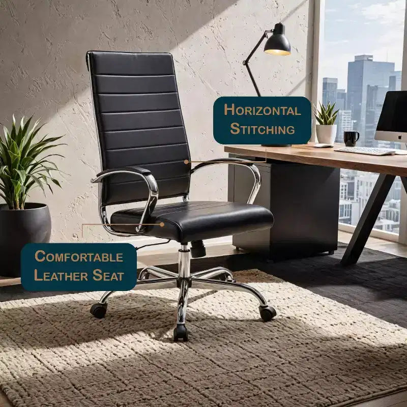 Silla de oficina de piel de respaldo alto acanalado Benmar - Silla ejecutiva moderna giratoria e inclinable para escritorio - Base cromada
