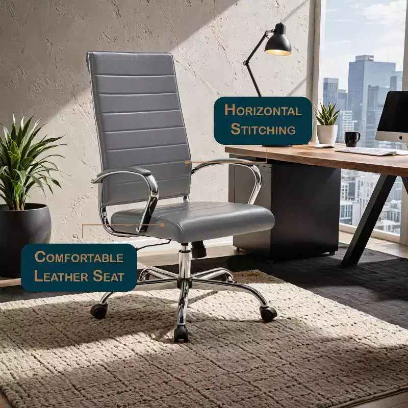Silla de oficina de piel de respaldo alto acanalado Benmar - Silla ejecutiva moderna giratoria e inclinable para escritorio - Base cromada